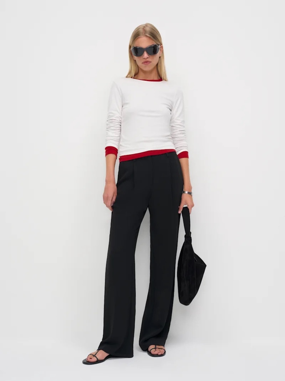 Reformation White Long-Sleeve Tee with Red Trim